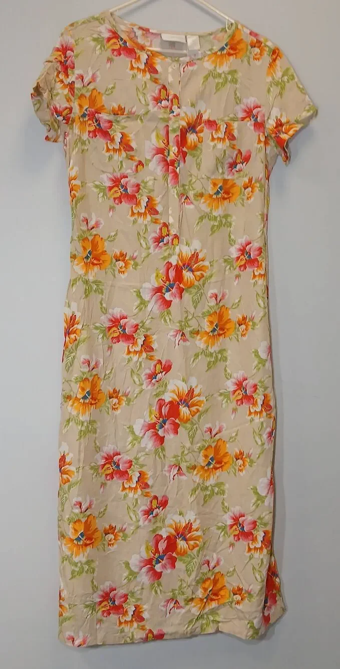 Vtg y2k Liz womens size 12 maxi dress Hawaiian floral Coastal tan green rayon